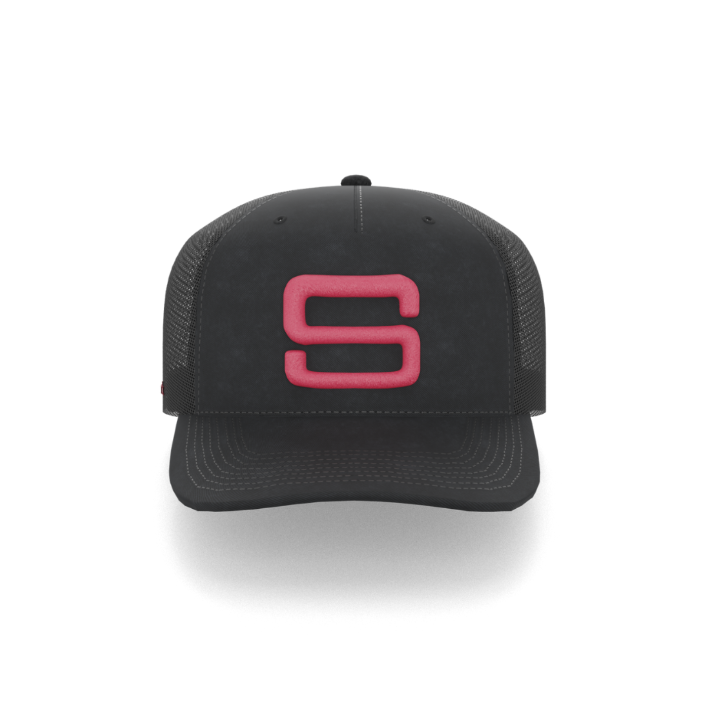 A black cap with a pink embroidered Steadyrack logo on the front and side, featuring a mesh back.