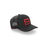A side view of a black cap with a red embroidered Steadyrack logo on the front and side, featuring a mesh back.