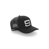 A side view of a black cap with a white embroidered Steadyrack logo on the front and side, featuring a mesh back.