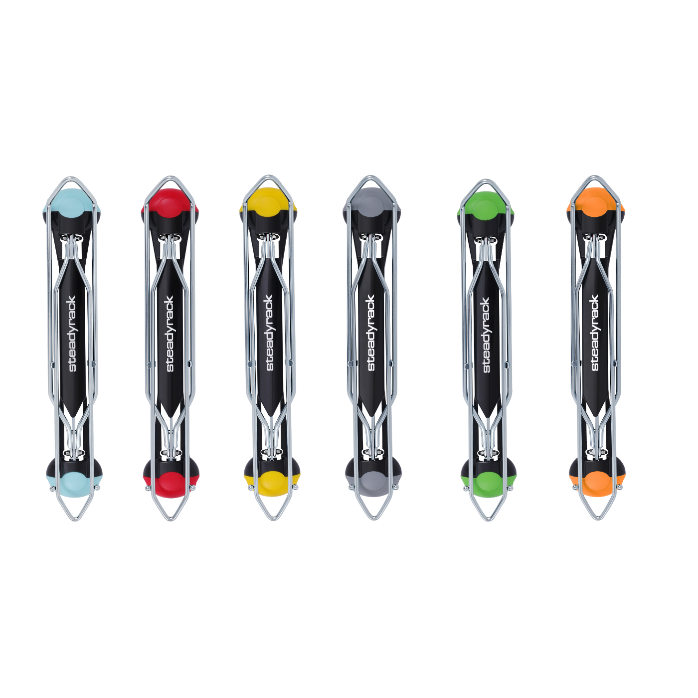 A set of coloured end caps designed to cover the mounting plates of the Classic Range racks.