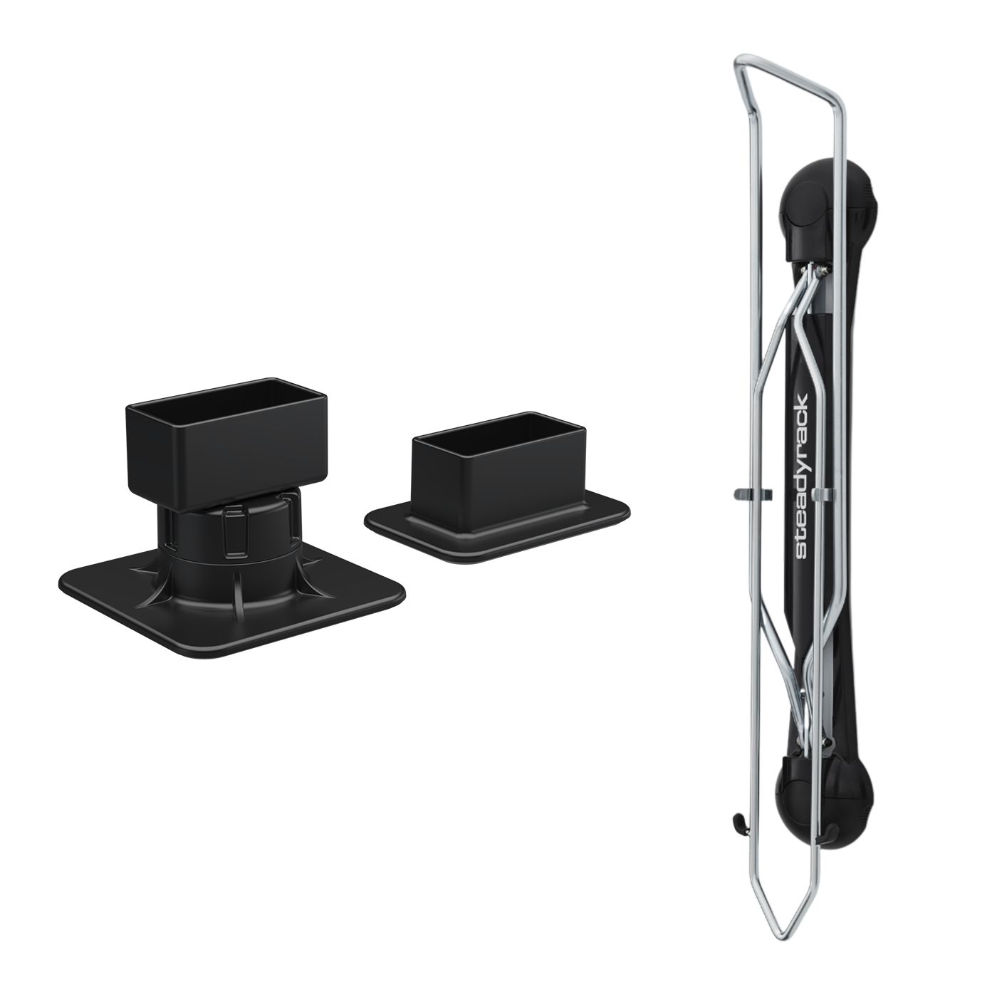 Black bike rack system with mounting brackets on a white background