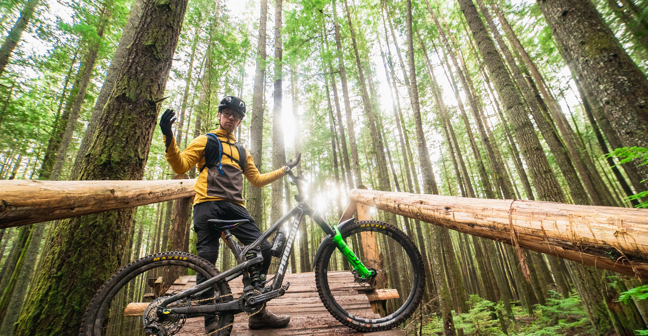 Person with a mountain bike on a wooden bridge in a forest