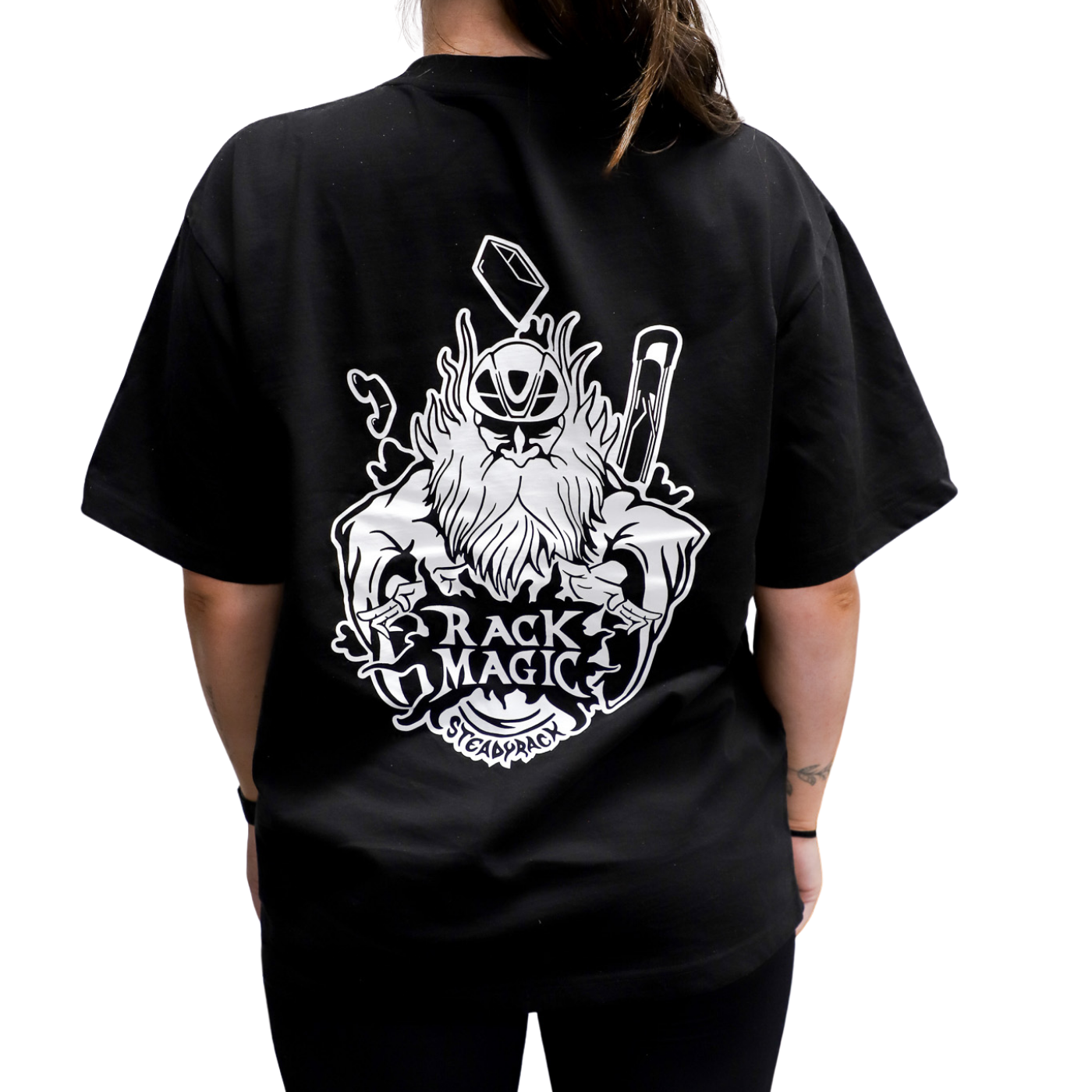 Black t-shirt with a white graphic design on the back, featuring a bearded figure and text.
